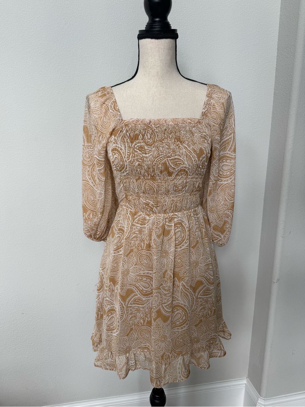 Sienna Sky Smocked Square Neck Mustard and White Paisley Mini Dress